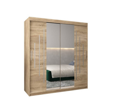 York I Mirrored Sliding Door Wardrobe with Shelves and Hanging Rails in Oak Sonoma (H)2000mm (W)1800mm (D)620mm