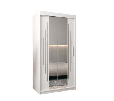 York I Mirrored Sliding Door Wardrobe with Shelves and Hanging Rails in White (H)2000mm (W)1000mm (D)620mm