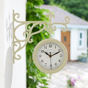 York Station Wall Mounted Quartz Clock & Thermometer - Battery Powered Weatherproof Double-Sided Home Garden Decoration - Cream