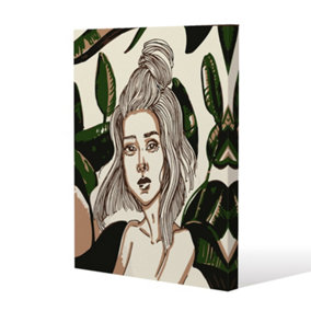 Young woman in tropical leaves (Canvas Print) / 31 x 41 x 4cm