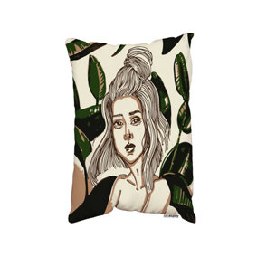 Young Woman In Tropical Leaves (Outdoor Cushion) / 30cm x 45cm