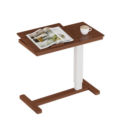 YQJJGL Height-Adjustable Overbed Table with Solid wood Tilting Top and ...