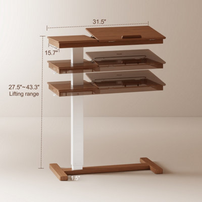 YQJJGL Height-Adjustable Overbed Table with Solid wood Tilting Top and ...
