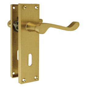 Z05 Satin Brass Victorian Scroll Exterior Door Handles, Lock, 155 x 42mm - Handlestore