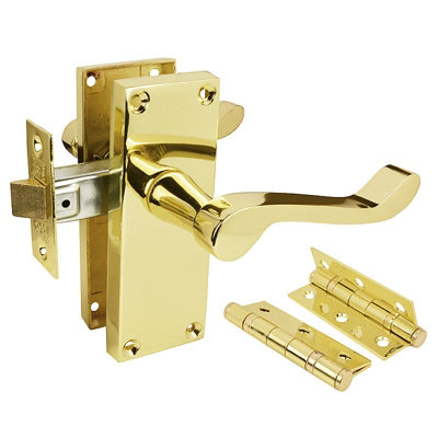 Z06 Victorian Scroll Door Handle Packs, Brass, 75mm Latch & Hinges - Handlestore