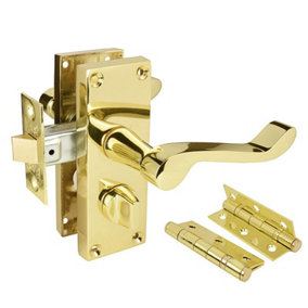 Z206 Privacy Door Handle Pack, Brass, 63mm Latch & Hinges - Handlestore