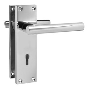 Z741 T Bar Chrome Door Handles, Modern Lever on Locking Backplate, Pair - Handlestore