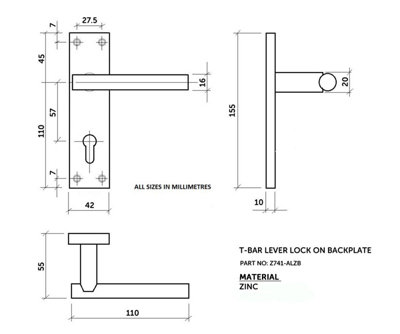 Z741 T Bar Matt Black Door Handles, Modern Lever on Locking Backplate, Pair - Handlestore