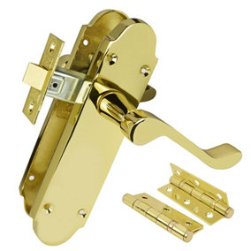 Z75 Shaped Scroll Door Handle Packs, Brass, 75mm Latch, 3 inch Hinges - Handlestore