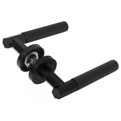 Z751 Hexagon Knurled Lever Rose Door Handles in Matt Black - Handlestore