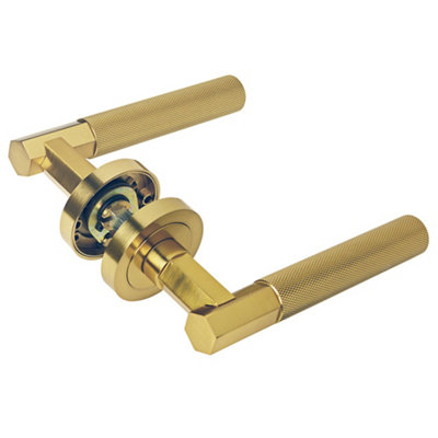 Z751 Hexagon Knurled Lever Rose Door Handles in Satin Brass - Handlestore