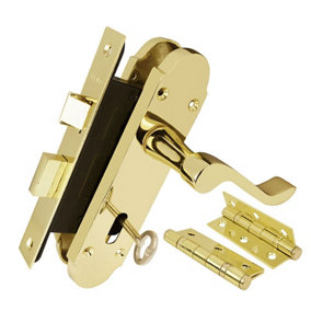 Z76 Scrolled Lock Door Handle Packs, Brass, 75mm Sashlock, 3" Hinge - Handlestore