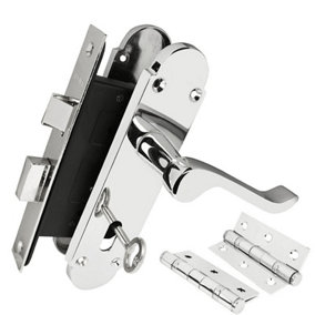 Z76 Scrolled Locking Door Handle Set, Chrome, 63mm Sashlock, 3" Hinge - Handlestore