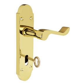 Z76 Victorian Scroll Lock Door Handles, Brass, Shaped, 168 x 42mm - Handlestore