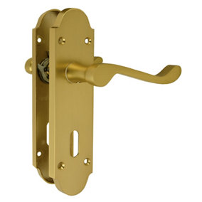 Z76 Victorian Scroll Lock Door Handles, Satin Brass, Shaped, 168 x 42mm - Handlestore