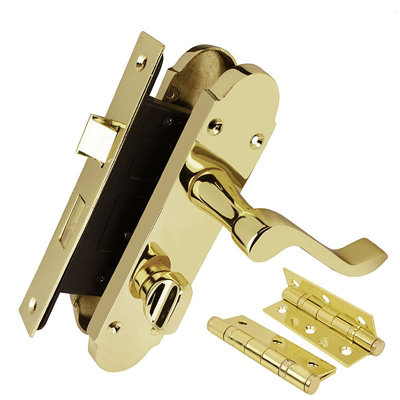 Z77 Scrolled Bathroom Door Handle Set, Brass, 63mm Sashlock, 3" Hinge