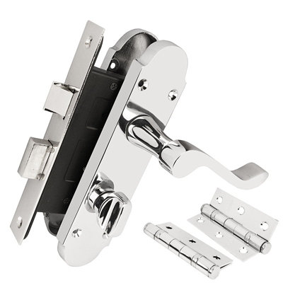Z77 Scrolled Bathroom Door Handle Set, Chrome, 63mm Sashlock, 3" Hinge