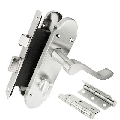Z77 Scrolled Bathroom Door Handle Set, Silver, 75mm Sashlock, 3" Hinge - Handlestore