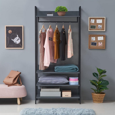 Zahra Bedroom Double Open Wardrobe 4 Shelves Furniture Storage Cupboard Dark Grey