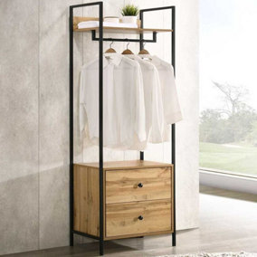 Zahra Open Wardrobe with 2 Drawers In Oak Effect With Metal Frame