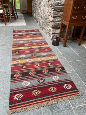 Zanskar Kilim Rug Handmade in Wool Geometric Design / 75 cm x 240 cm