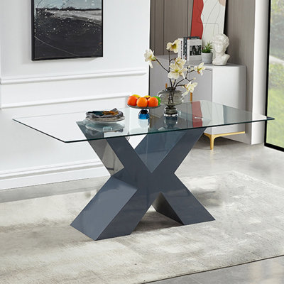 Zanti Glass Dining Table In Grey Base 6 Petra Grey White Chairs