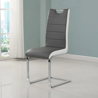Zanti Glass Dining Table In Grey Base 6 Petra Grey White Chairs