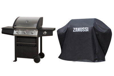 Zanussi Gas BBQ 3 Burner with Cover and Side Burner Black and Stainless Steel ZGBBQ3B01-C