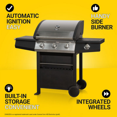 Zanussi Gas BBQ 3 Burner with Cover and Side Burner Black and Stainless Steel ZGBBQ3B01-C