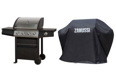 Zanussi Gas BBQ 4 Burner with Cover and Side Burner Black and Stainless Steel ZGBBQ4B01-C