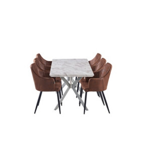 Zarah Blaze White/Grey LUX Dining Set with 6 Brown Chairs