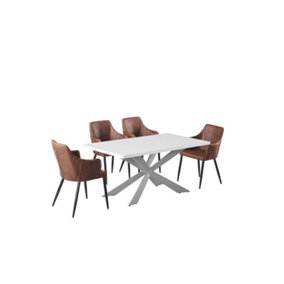 Zarah Duke Dining Set with White Table and 4 Brown Chairs
