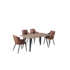 Zarah Rocco Dining Set with Walnut Table and 4 Brown Chairs