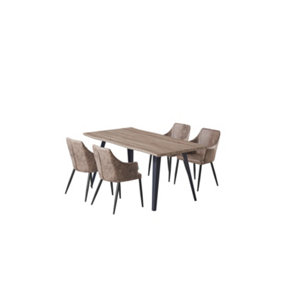 Zarah Rocco Dining Set with Walnut Table and 4 Light Brown Chairs