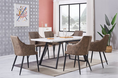 Zarah Toga White LUX Dining Set with 6 Light Brown Chairs