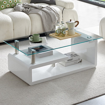 Zariah Coffee Table Clear Glass Coffee Table for Living Room Centre Table Tea Table Living Room Furniture White High Gloss Base