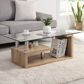 Zariah Coffee Table Clear Glass Top Coffee Table for Living Room Centre Table Tea Table for Living Room Furniture Oak Wooden Base