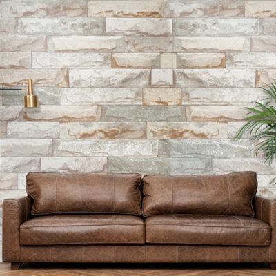 Zed Decor Vintage Brick Stone Effect Self Adhesive Vinyl Wallpaper, Bedroom & Living Room Beige Brown Natural Slats B1067-1