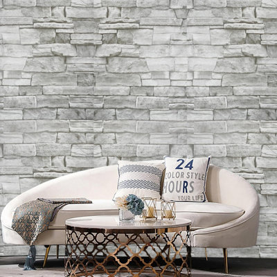 Zed Decor Vintage Brick Stone Effect Self Adhesive Vinyl Wallpaper, Bedroom & Living Room Light Grey Cornish Stone B1090