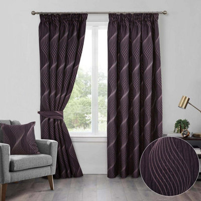 Zen Metallic Swirl Pencil Pleat Curtains - Colourful Lined Curtains for Living Room or Bedroom - 114 x 137cm, Plum