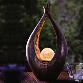 Zen Style Globe Lamp - Solar Powered Curved Garden Sculpture Ornament with Illuminated Crackle Glass Ball Light - 50 x 26.5 x 13cm
