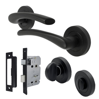 Zena Door Handle Bathroom Set Modern Design Matt Black Lever on Rose Internal Thumbturn