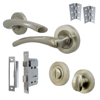 Zena Door Handle Bathroom Set Modern Design Satin Nickel Lever on Rose Internal Thumbturn