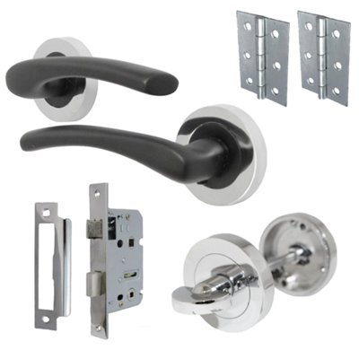 Zena Door Handle Bathroom Set Modern Matt Black Lever on Chrome Rose Internal Thumbturn