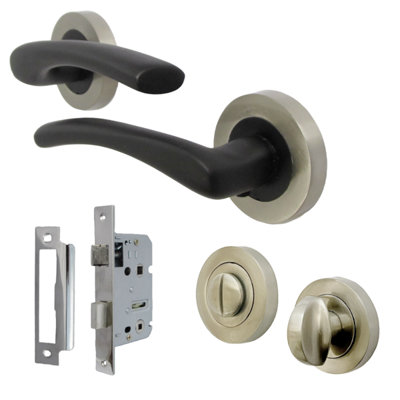 Zena Door Handle Bathroom Set Modern Matt Black Lever Satin Rose Internal Thumbturn