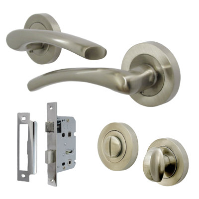 Zena Door Handle Bathroom Set Modern Satin Nickel Lever on Rose Internal Thumbturn