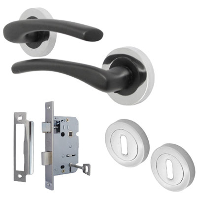 Zena Door Handle Lock Key Set Modern Matt Black Lever Chrome Rose Internal Escutcheon