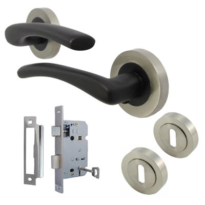 Zena Door Handle Lock Key Set Modern Matt Black Lever Satin Rose Internal Escutcheon