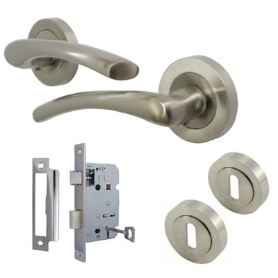 Zena Door Handle Lock Key Set Modern Satin Nickel Lever on Rose Internal Escutcheon