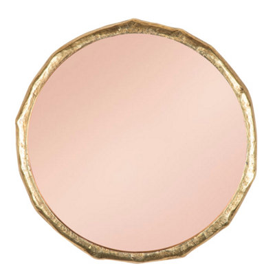 Zenith Organic Circular Brass Wall Mirror With Pink glass Mirror For Dressing Room, Metal Frame, Brass, 91cm Round